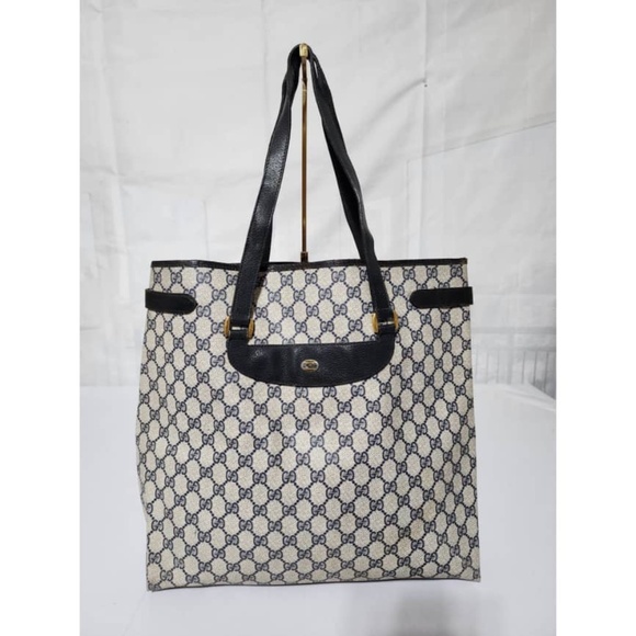 Authentic GUCCI Vintage GG Canvas Tote Bag PVC Leather Navy Blue/Grey - Picture 1 of 14